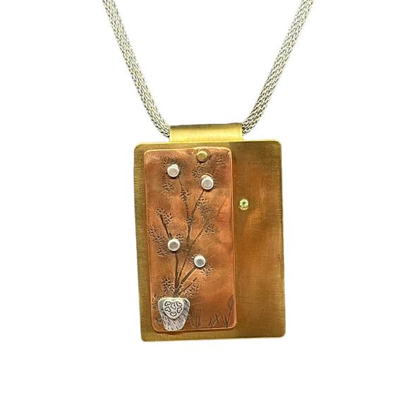 Artisan Necklace Copper Brass Peridot Handmade Botanic Design Signed My or Mj